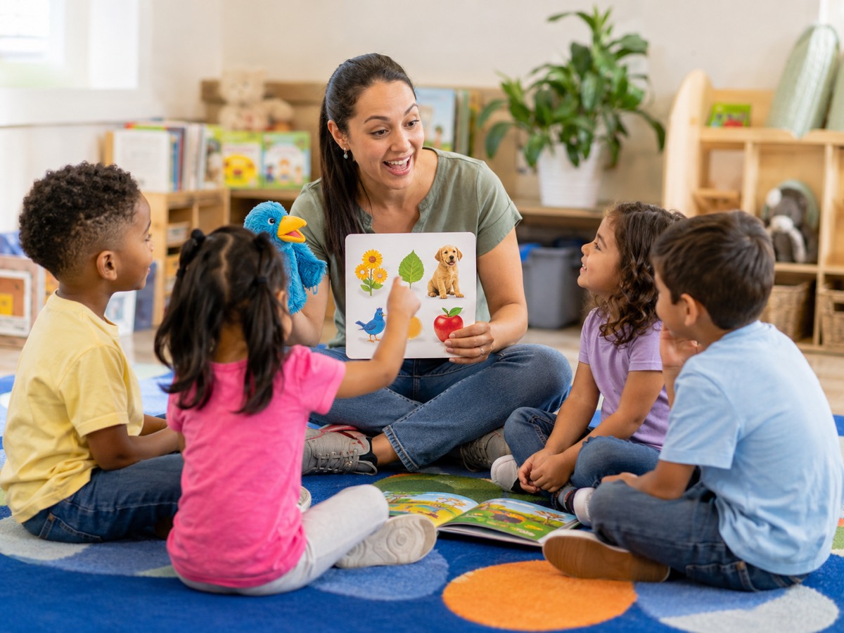 An early learning center teacher leading a small group of preschoolers in a picture-card vocabulary activity at circle time