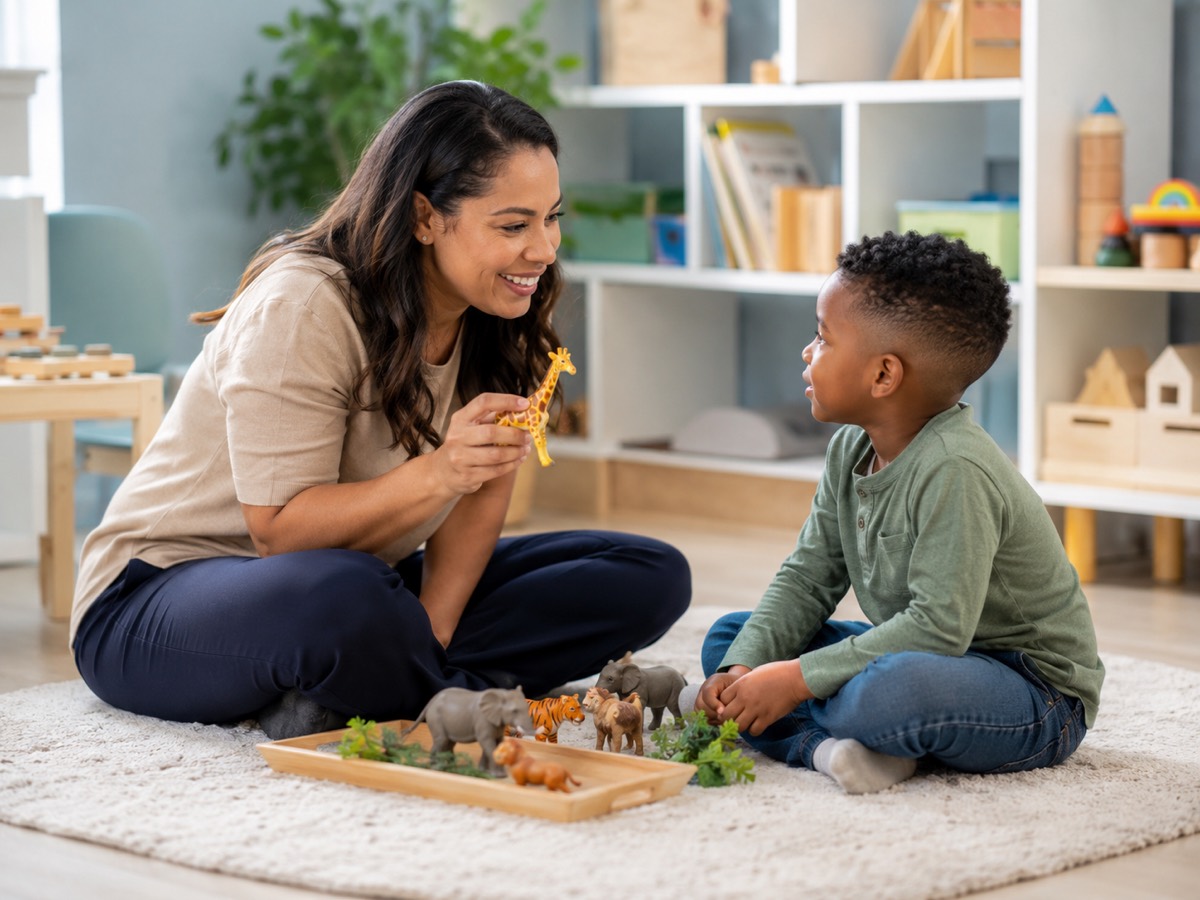 A therapist and a young boy playing with toy animals on the floor during a play-based session