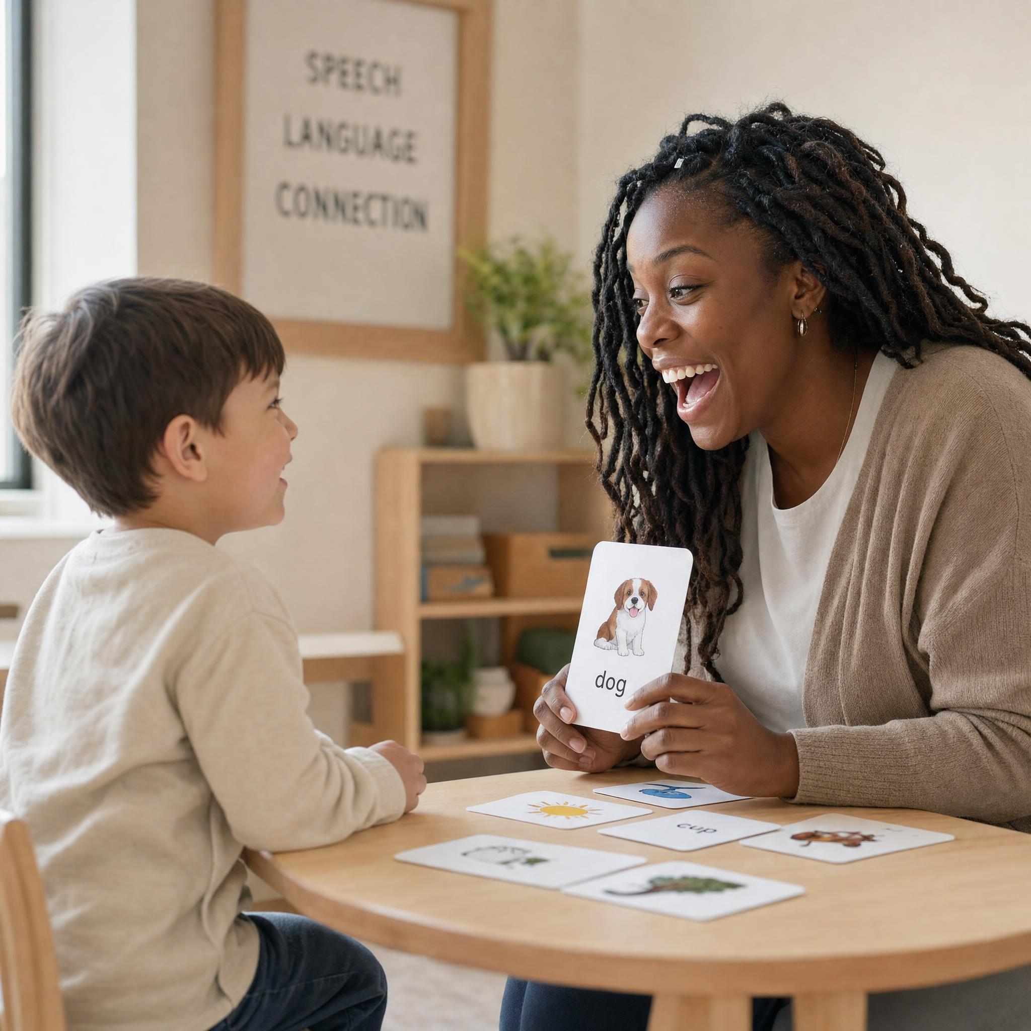 A speech therapist sharing a flashcard with a young child during a session