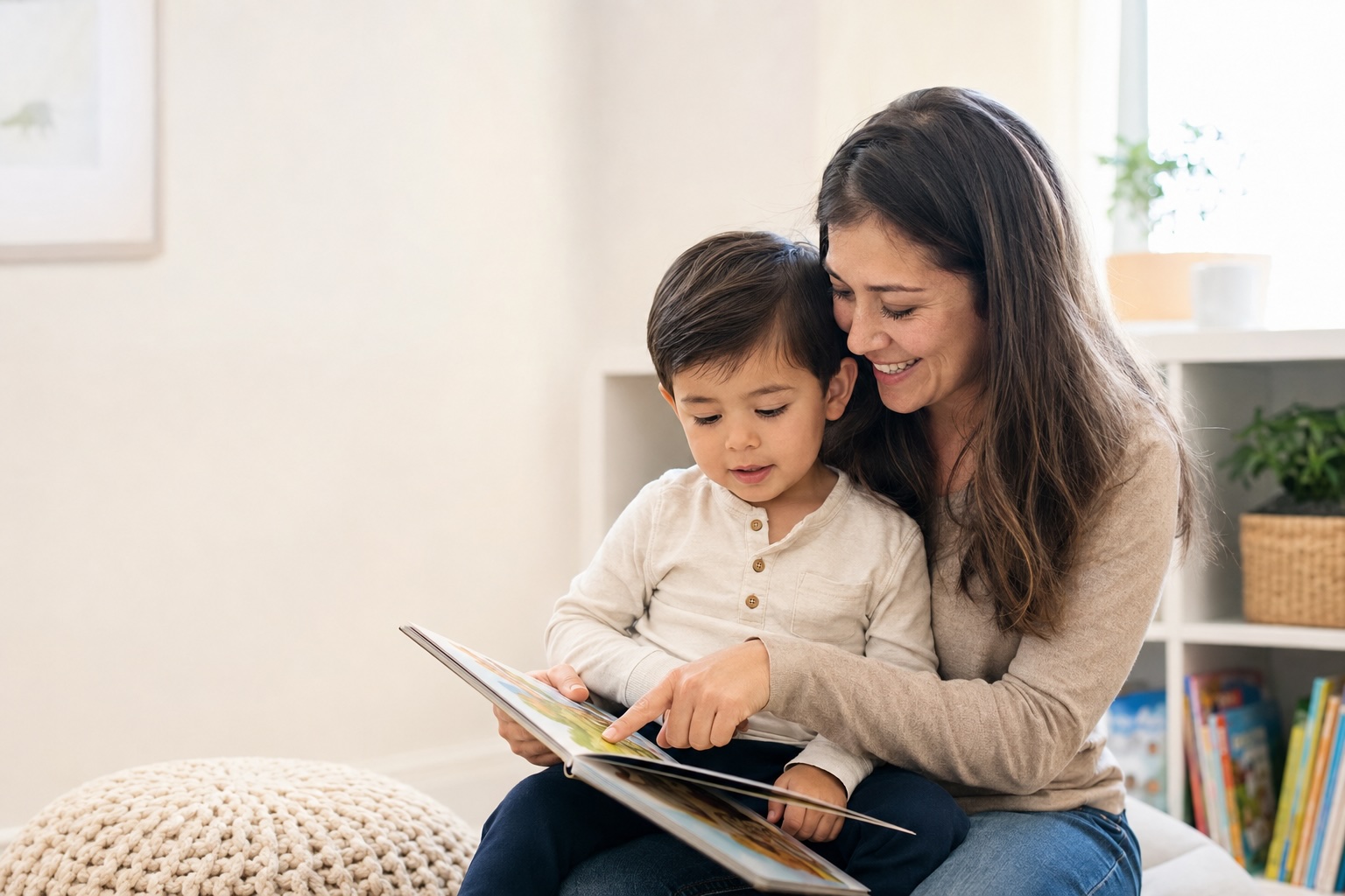 A mother and her young son reading a picture book together